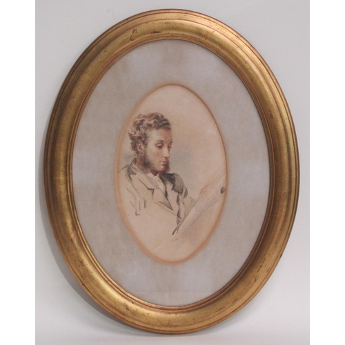 413 - ENGLISH SCHOOL, c.1860, A Man reading, watercolour, oval, 10 x 6in; and a watercolour by the same ha... 