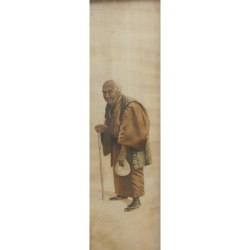 416 - S. HODO.  A Woman with a Broom; and An Elderly Man with a Walking Stick, signed, watercolour, 19 x 6... 