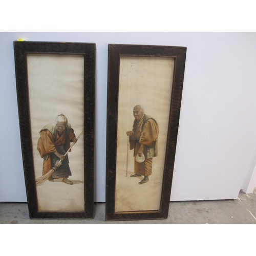 416 - S. HODO.  A Woman with a Broom; and An Elderly Man with a Walking Stick, signed, watercolour, 19 x 6... 