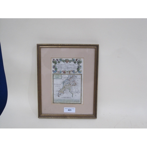 423 - An engraved Map, coloured, titled 'The Road from Welshpool to Carnavon,' 7 1/2 x 5in