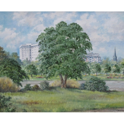 425 - N. HANSFORD. The Hospital and Longfleet Church from Poole Park, signed, oil on board, 24 x 28in; a w... 