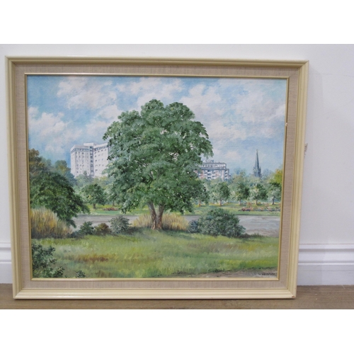 425 - N. HANSFORD. The Hospital and Longfleet Church from Poole Park, signed, oil on board, 24 x 28in; a w... 