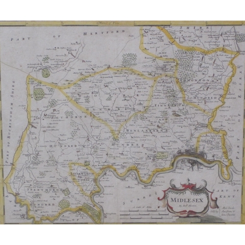 426 - ROBERT MORDEN. Map of Midlesex (sic), engraved Map, coloured, 14 x 16 1/2in; an etching by Frank Wil... 