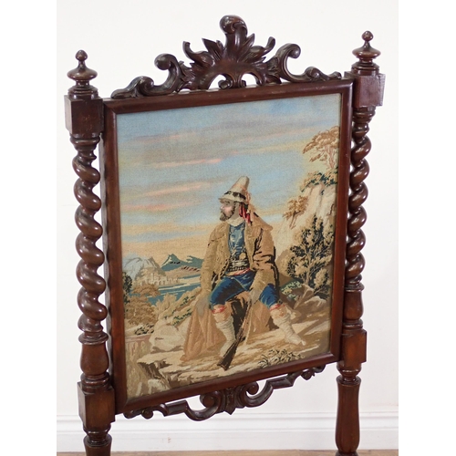 440 - A Victorian rosewood framed Fire Screen with tapestry panel of a man shooting 3ft 10in W x 1ft 10in ... 