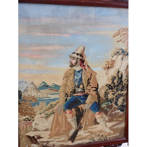 440 - A Victorian rosewood framed Fire Screen with tapestry panel of a man shooting 3ft 10in W x 1ft 10in ... 