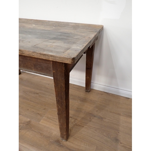 488 - An antique pine Farmhouse Table lacking end drawer mounted on square cut supports 4ft W x 2ft 6in H