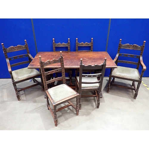 494 - An oak Refectory Table 5ft W x 2ft 6in H and six oak Dining Chairs