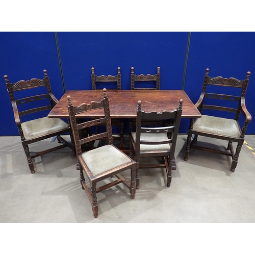 494 - An oak Refectory Table 5ft W x 2ft 6in H and six oak Dining Chairs