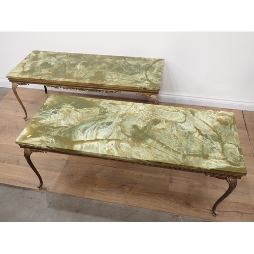 500 - A pair of gilt metal Coffee Table with green marble effect tops 4ft 1in W x 1ft 7in H