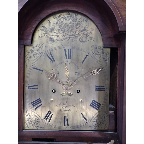 7 - A Georgian mahogany and satinwood strung 28-day Longcase Clock with arched brass dial by J. Higman, ... 