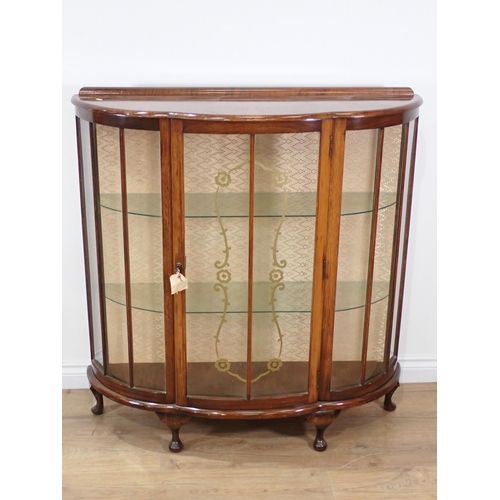 74 - A mahogany veneered and glazed Display Cabinet on short cabriole supports 3ft 7in H x 3ft 5in W