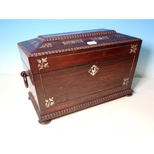 473 - A 19th Century rosewood and mother of pearl inlaid Tea Caddy, two plated Entre Dishes, Napkin Rings,... 