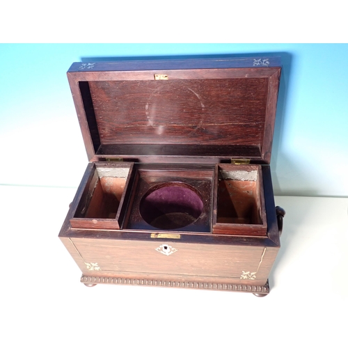 473 - A 19th Century rosewood and mother of pearl inlaid Tea Caddy, two plated Entre Dishes, Napkin Rings,... 