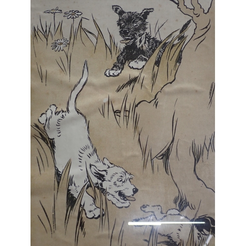 481 - A framed primitive watercolour of white park Cattle, a colour Print of a Terrier after Cecil Aldin, ... 