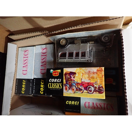 521 - Two boxes of boxed Corgi Classics and Minic Motorway Vehicles, Tack and roadside Buildings