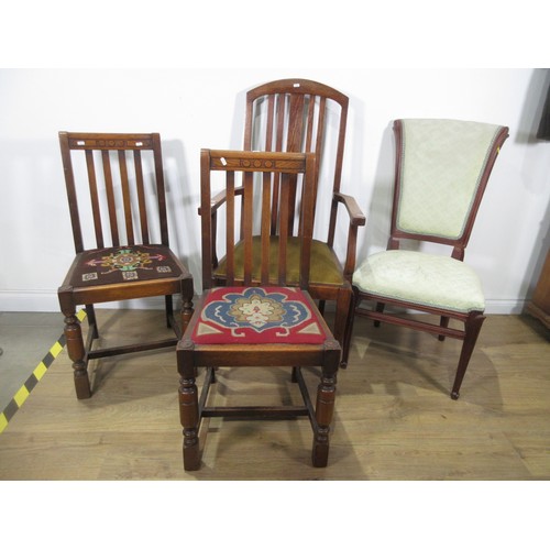 253 - An upholstered mahogany Chair, an oak Elbow Chair with squared tapering supports and two oak Dining ... 