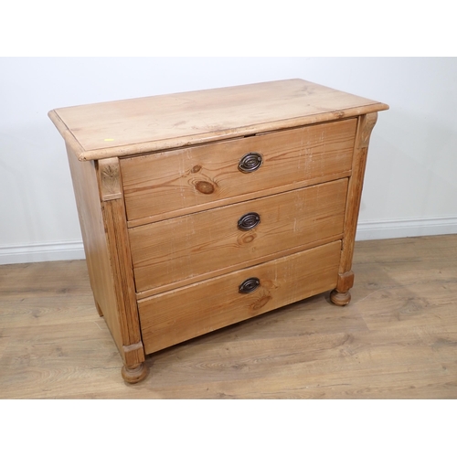 17 - A Continental 19th Century pine Chest of three drawers on bun feet 3ft 4in W x 2ft 9in H