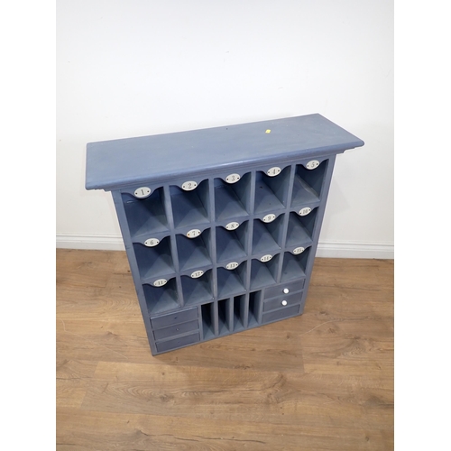 18 - A blue painted pine set of Pigeon Holes fitted six drawers 2ft 10in H x 2ft 7in W