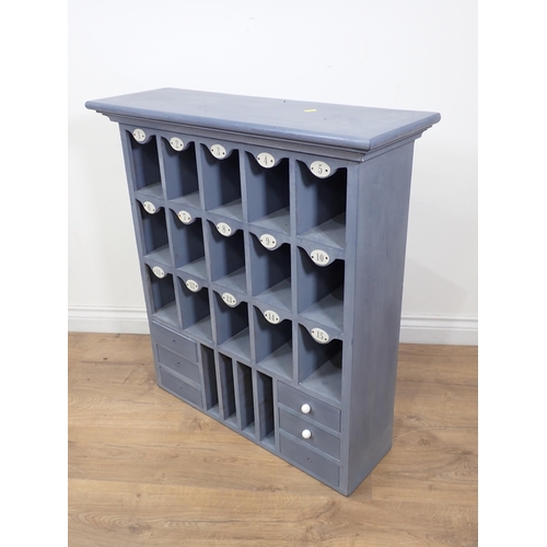 18 - A blue painted pine set of Pigeon Holes fitted six drawers 2ft 10in H x 2ft 7in W