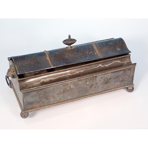 206 - A silver plated Inkstand, one foot detached and a Continental embossed metal Jewel Box with frieze o... 