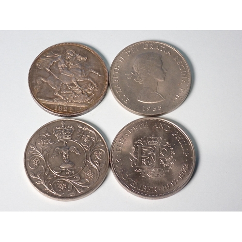 212 - A George IV 1821 Crown, along with Crowns 1965, 1972 and 1977 (4)