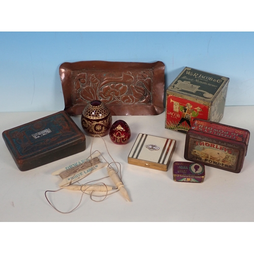 221 - An Art and Crafts small copper oblong Tray, a Thorley's Pig Powder Tin, various other Tins and two R... 