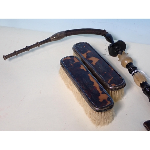 226 - A pipe with ceramic bowl, two folding Pocket Knives, two tortoiseshell and silver backed Brushes and... 