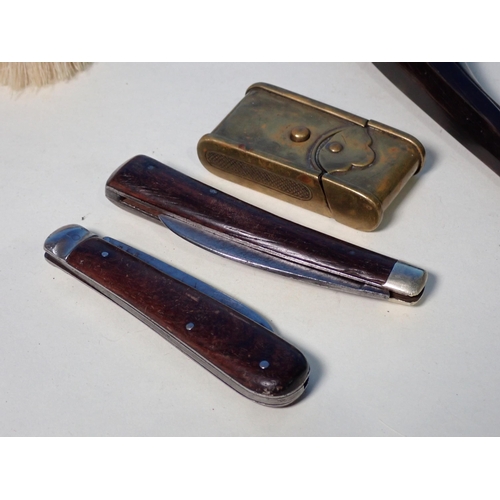 226 - A pipe with ceramic bowl, two folding Pocket Knives, two tortoiseshell and silver backed Brushes and... 