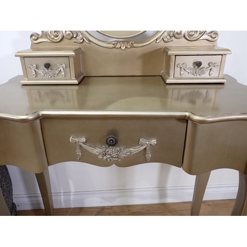 34 - A modern gold painted Dressing Table and a metal covered bombe Chest of drawers