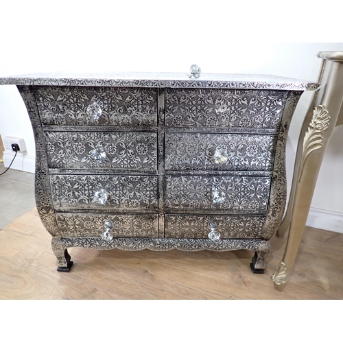 34 - A modern gold painted Dressing Table and a metal covered bombe Chest of drawers