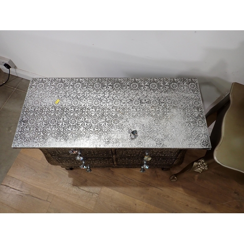 34 - A modern gold painted Dressing Table and a metal covered bombe Chest of drawers