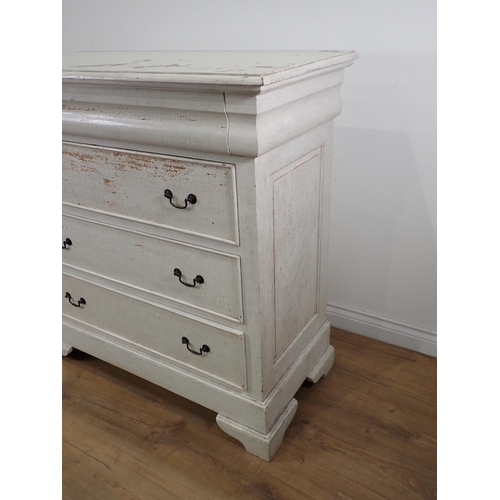 39 - A white painted Chest of four long drawers on shaped bracket feet 3ft 6in W x 3ft 5in H