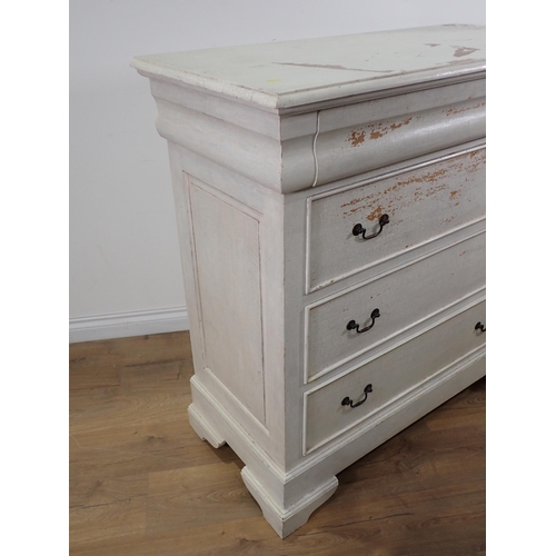 39 - A white painted Chest of four long drawers on shaped bracket feet 3ft 6in W x 3ft 5in H