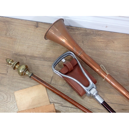 93 - A mahogany Till, copper Coaching Horn, Shooting Stick, Curtain Pole, Mincer, miniature Wooden House