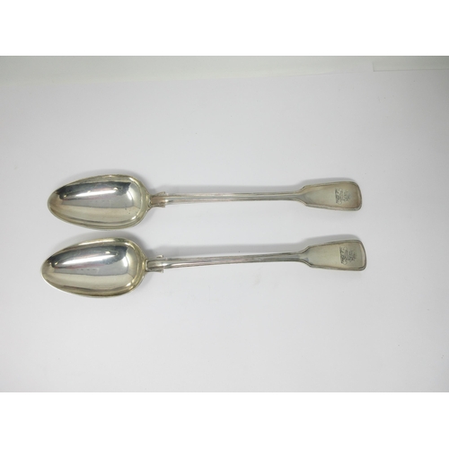 12 - A pair of early Victorian silver Basting Spoons, fiddle and thread pattern, engraved crests, Exeter ... 