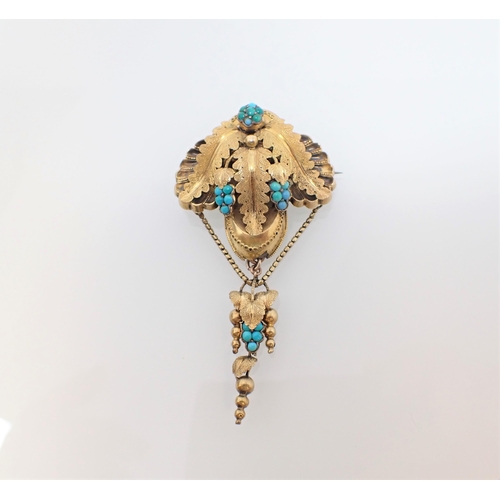 148 - A Victorian Turquoise Brooch formed as acanthus leaves with clusters of turquoise, approx 8cms top t... 