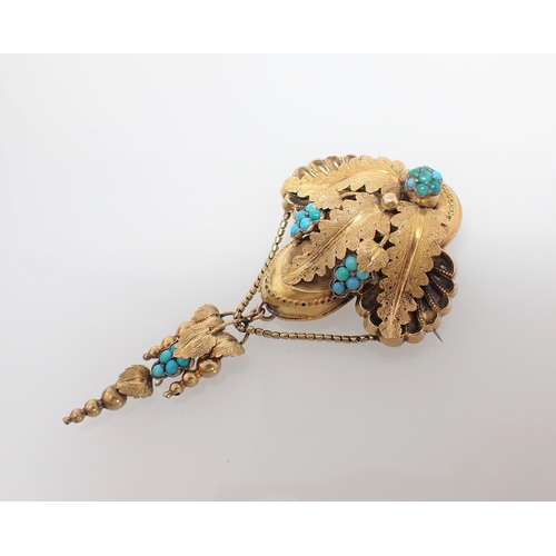 148 - A Victorian Turquoise Brooch formed as acanthus leaves with clusters of turquoise, approx 8cms top t... 