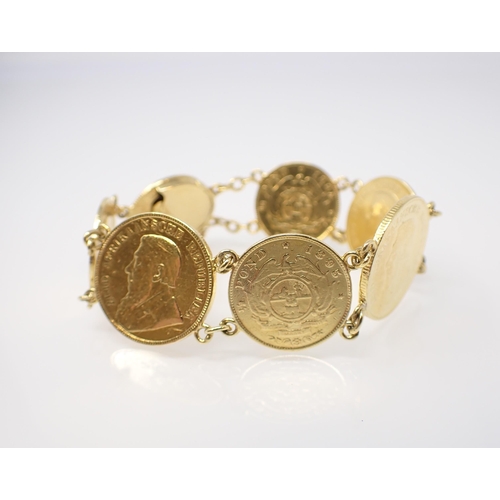 160 - A South African coin Bracelet consisting of two 1 pond and five 1/2 pond coins with links between, a... 