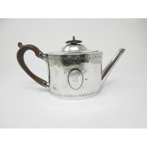 17 - A George III silver Teapot of oval form with cartouches engraved initial B, London 1786, maker: Robe... 