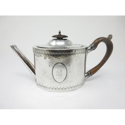 17 - A George III silver Teapot of oval form with cartouches engraved initial B, London 1786, maker: Robe... 