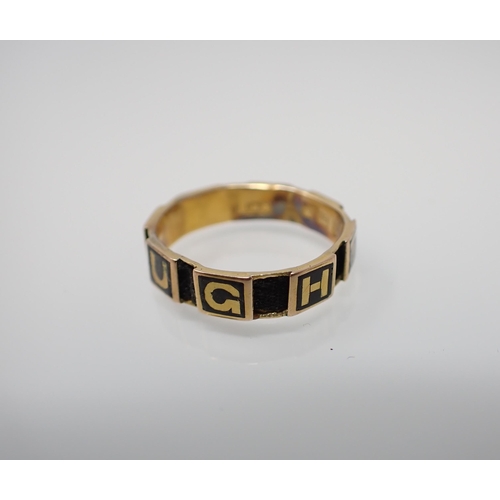 218 - An 18ct gold memoriam Ring  having black enamel panels spelling 'DAUGHTER' interspersed with panels ... 