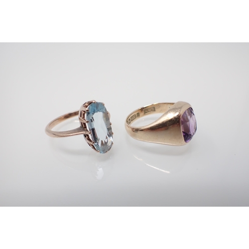 221 - An Aquamarine Ring claw-set single oval-cut stone, stamped 9ct, ring size M and an Amethyst Ring set... 