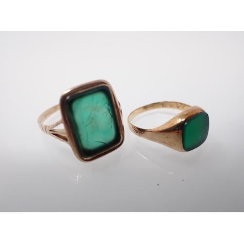 241 - An Intaglio Ring set green stone carved classical head stamped 9ct, ring size R 1/2 and a 9ct gold R... 