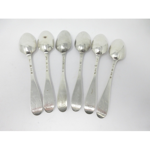 25 - Six George II Scottish silver Table Spoons, hanovarian pattern, engraved crests and motto, Edinburgh... 