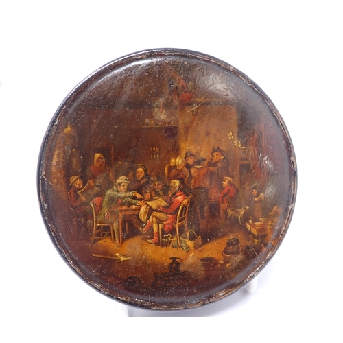 266 - A 19th Century papier maché circular Box with tavern scene after Sir David Wilkie to lid, 4in diamet... 