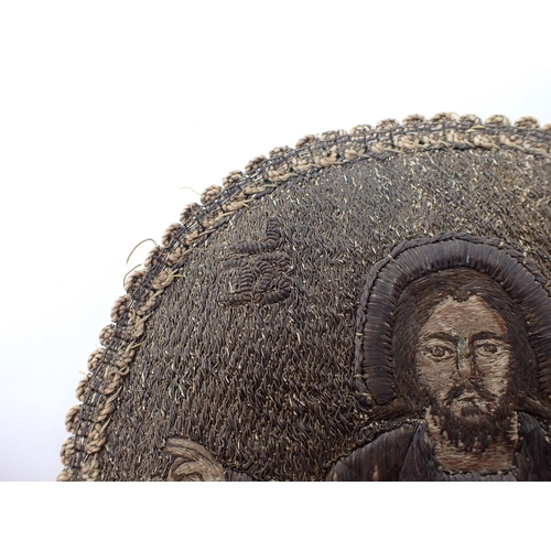 268 - A circular metal thread embroidery of 'God the Father', possibly Greek, 5 1/4in