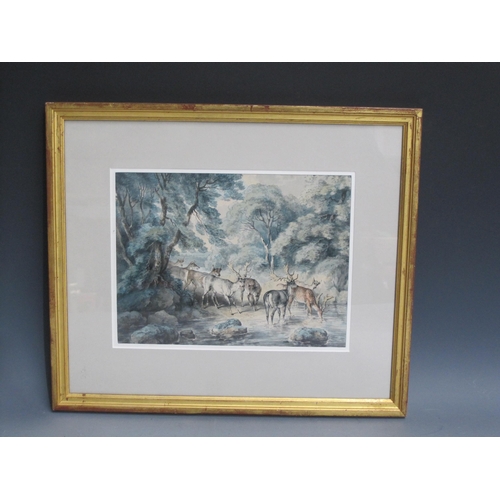 300 - SAMUEL HOWITT (1765-1822) Deer watering at a stream, signed and dated 1792, watercolour, 8 x 10¼ in