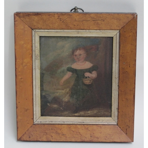 311 - ENGLISH SCHOOL, circa 1830, Portrait of a Young Girl, wearing a green dress, holding a basket, a coa... 