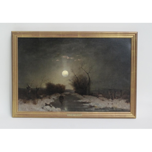 319 - HEINZ FLOCKENHAUS (1856-1919). A Winter Landscape with Figure under a Full Moon, signed, oil on canv... 