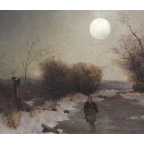 319 - HEINZ FLOCKENHAUS (1856-1919). A Winter Landscape with Figure under a Full Moon, signed, oil on canv... 